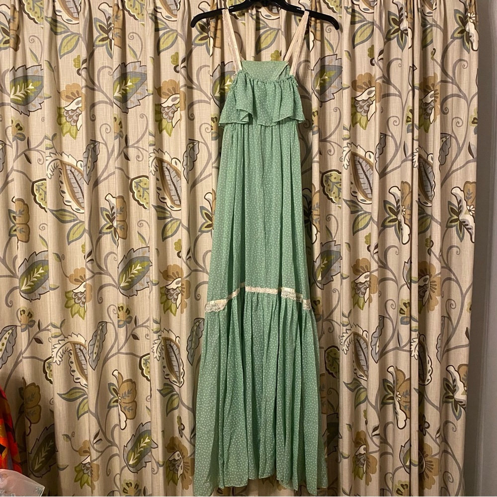 Vintage Wild Honey 70s semi sheer green polka ruffle cottagecore prairie dress - Picture 2 of 16